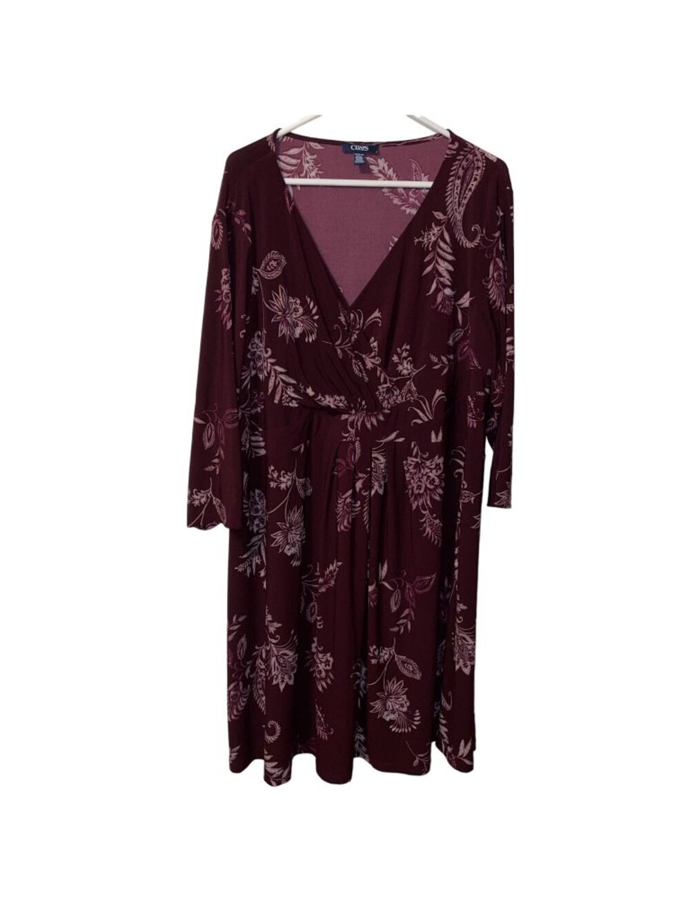 Chaps Womens Floral Print Long Sleeve V-Neck Dress Size 24W Burgundy & Pink